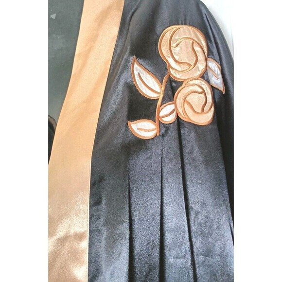 Serenada Satin Kimona Robe Plus Size 1X Black Gold Floral Embroidery Long Satin - Picture 6 of 7